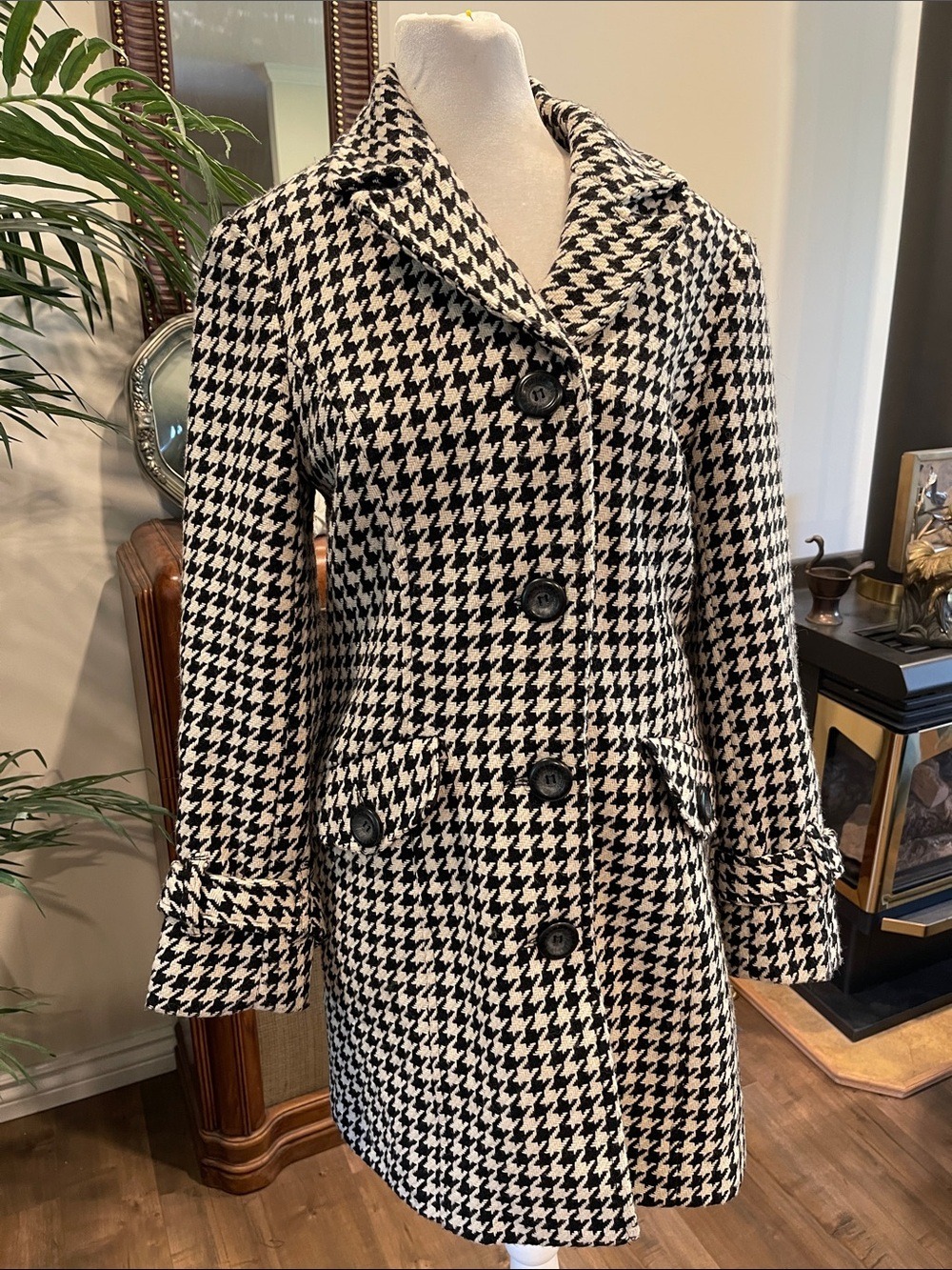 Wool Blend Houndstooth Car Coat Womens Small Black Ivory Classic - Picture 6 of 8